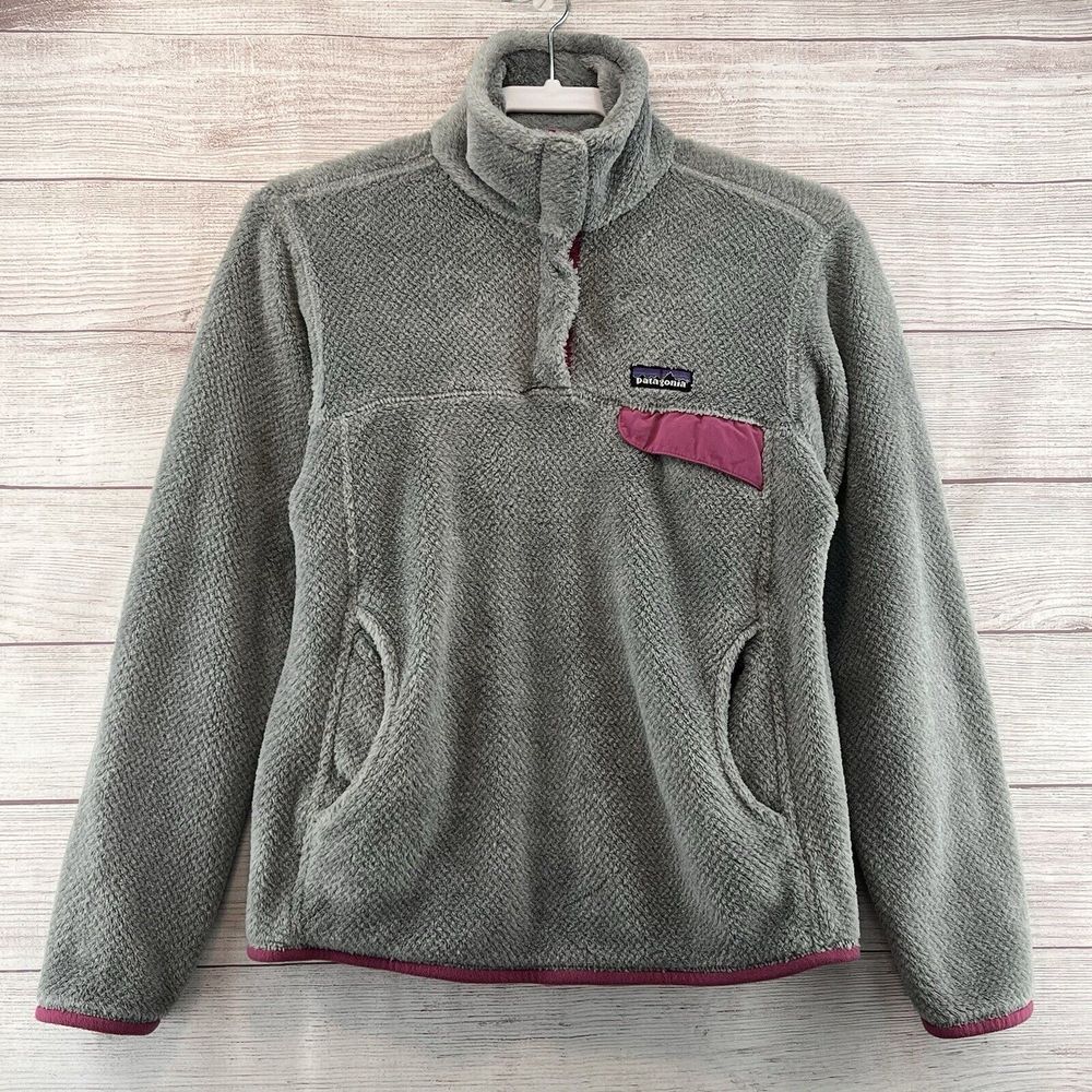 Patagonia Re-Tool Snap T Fleece Pullover Womens Sz S Gray Pink Kangaroo Pocket